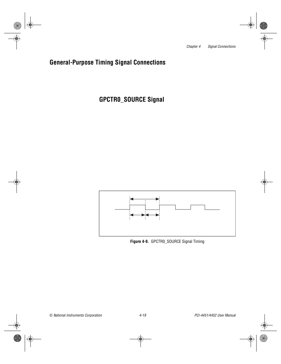 General-purpose timing signal connections, Gpctr0_source signal, Figure 4-9. gpctr0_source signal timing | General-purpose timing signal connections -19, Gpctr0_source signal -19, Figure 4-9, Gpctr0_source signal timing -19, Sectio | National Instruments PCI-4452 User Manual | Page 49 / 115