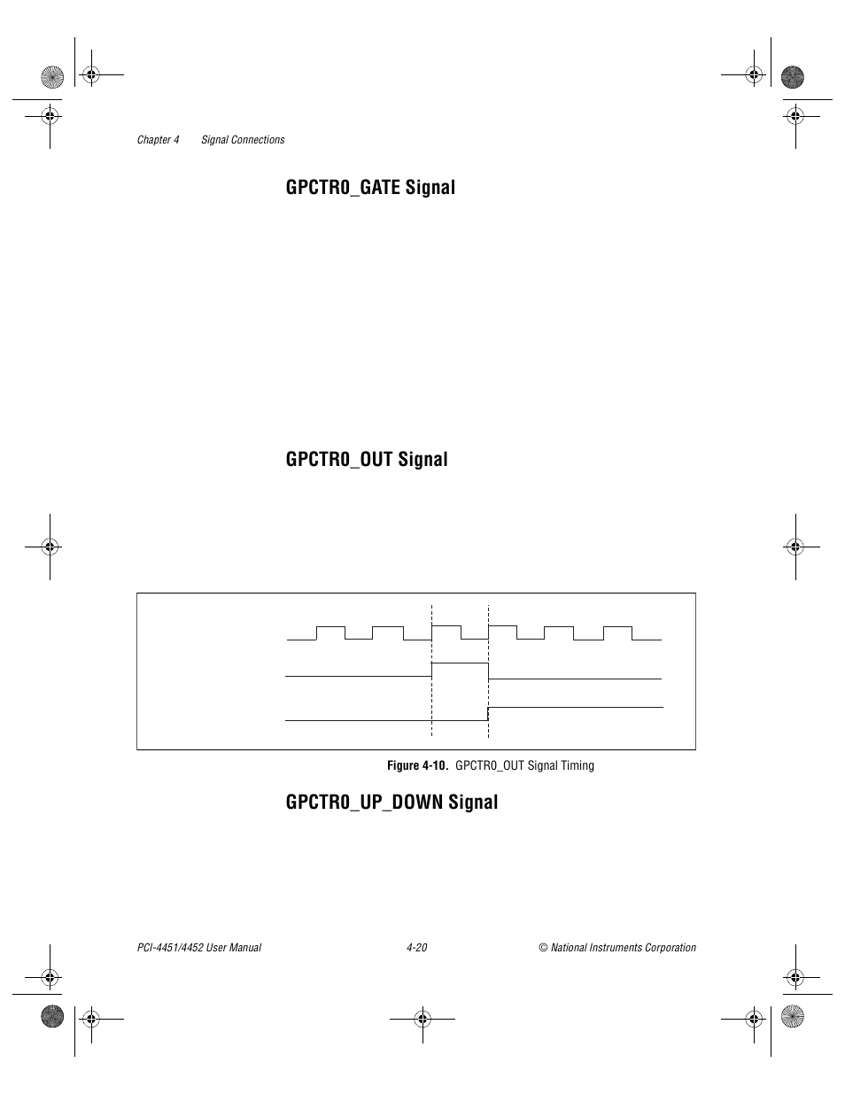 Gpctr0_gate signal, Gpctr0_out signal, Gpctr0_up_down signal | Figure 4-10. gpctr0_out signal timing, Figure 4-10, Gpctr0_out signal timing -20 | National Instruments PCI-4452 User Manual | Page 50 / 115
