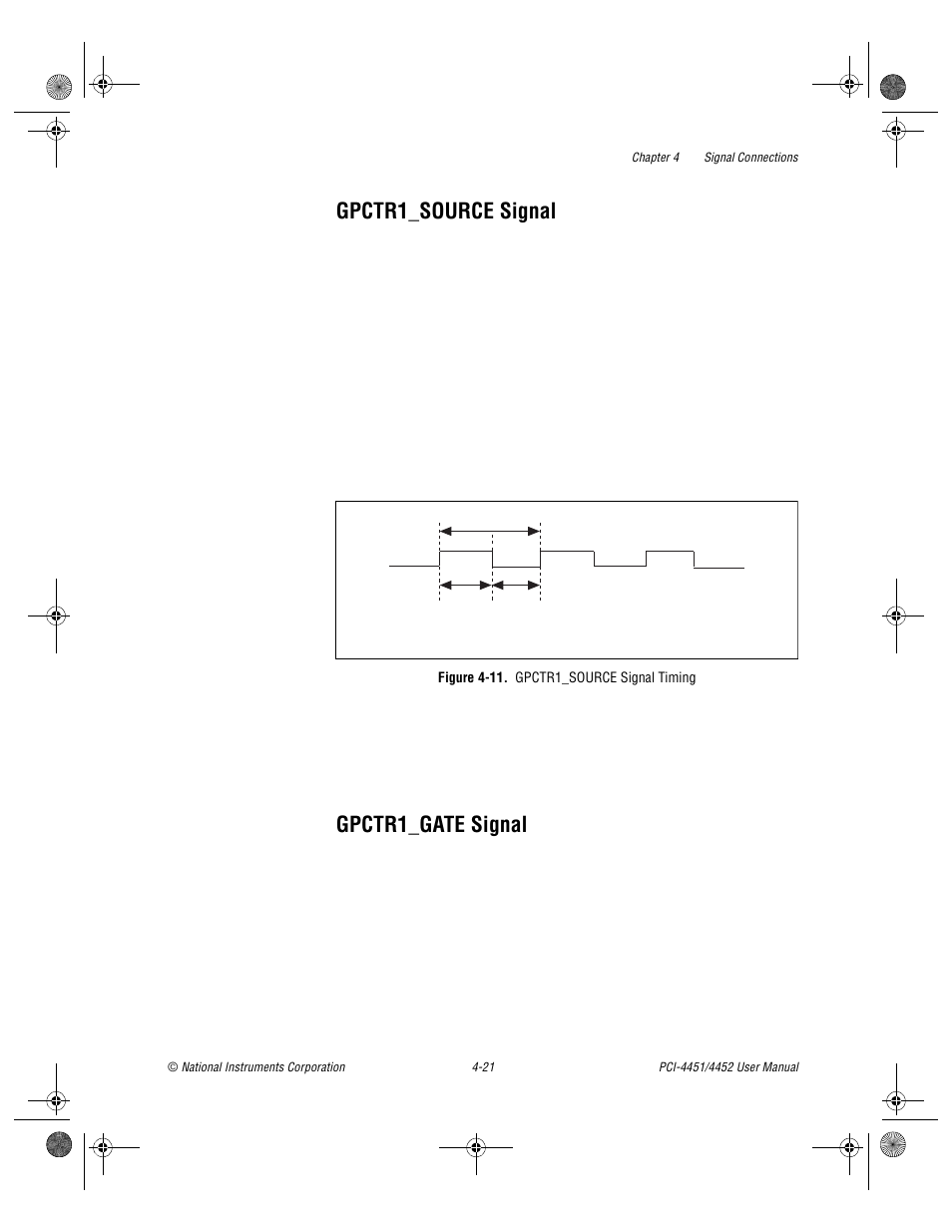 Gpctr1_source signal, Gpctr1_gate signal, Figure 4-11. gpctr1_source signal timing | Gpctr1_source signal -21 gpctr1_gate signal -21, Figure 4-11, Gpctr1_source signal timing -21 | National Instruments PCI-4452 User Manual | Page 51 / 115
