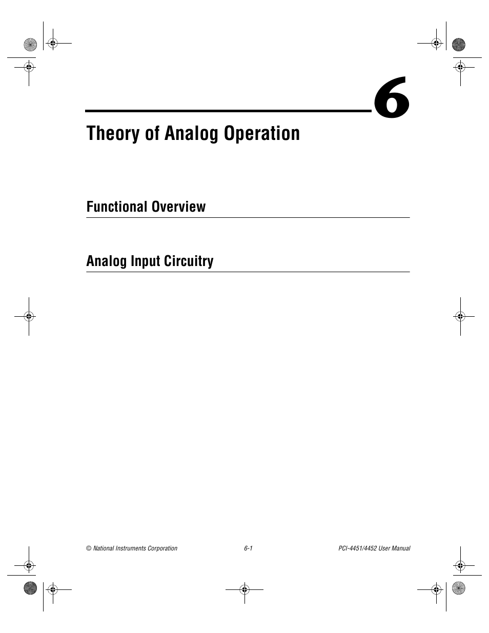 Chapter 6 theory of analog operation, Functional overview, Analog input circuitry | Functional overview -1 analog input circuitry -1, Er 6, Theory of analog operation, Apter 6 | National Instruments PCI-4452 User Manual | Page 59 / 115