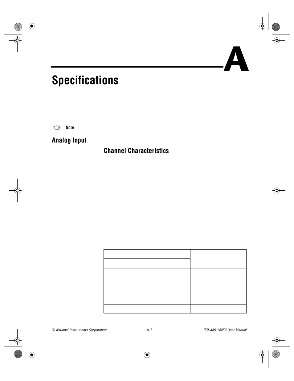 Appendix a specifications, Analog input, Specifications | Ix a | National Instruments PCI-4452 User Manual | Page 72 / 115