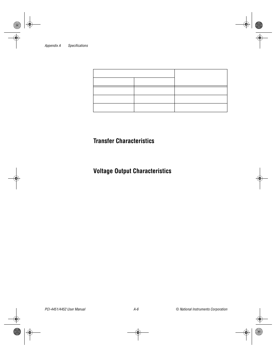 Transfer characteristics, Voltage output characteristics | National Instruments PCI-4452 User Manual | Page 77 / 115