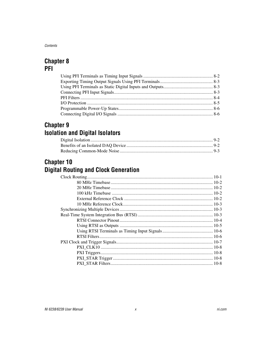 Chapter 8 pfi, Chapter 9 isolation and digital isolators, Chapter 10 digital routing and clock generation | National Instruments NI 6238 User Manual | Page 10 / 172