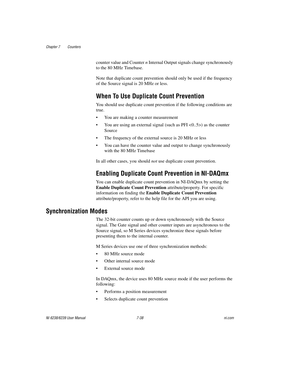 When to use duplicate count prevention, Enabling duplicate count prevention in ni-daqmx, Synchronization modes | Duplicate counting) -36 | National Instruments NI 6238 User Manual | Page 103 / 172