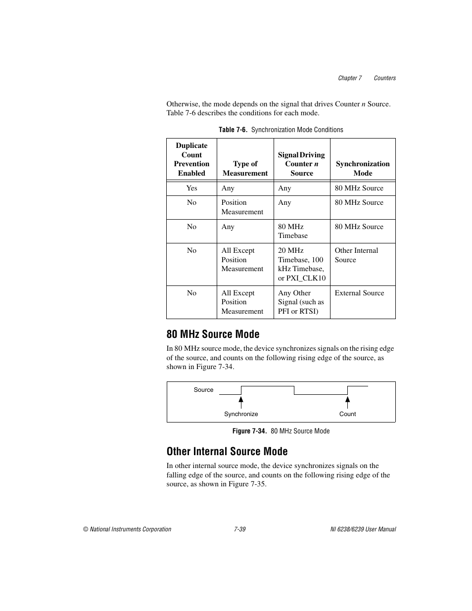 Table 7-6. synchronization mode conditions, 80 mhz source mode, Figure 7-34. 80 mhz source mode | Other internal source mode, Synchronization modes -38, Other internal source mode -39 | National Instruments NI 6238 User Manual | Page 104 / 172