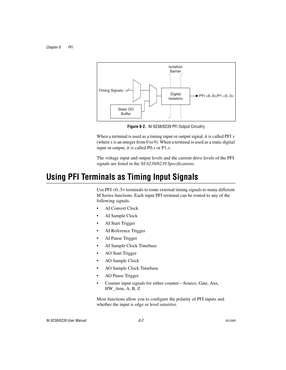Figure 8-2. ni 6238/6239 pfi output circuitry, Using pfi terminals as timing input signals, Using pfi terminals as timing input signals -2 | National Instruments NI 6238 User Manual | Page 107 / 172