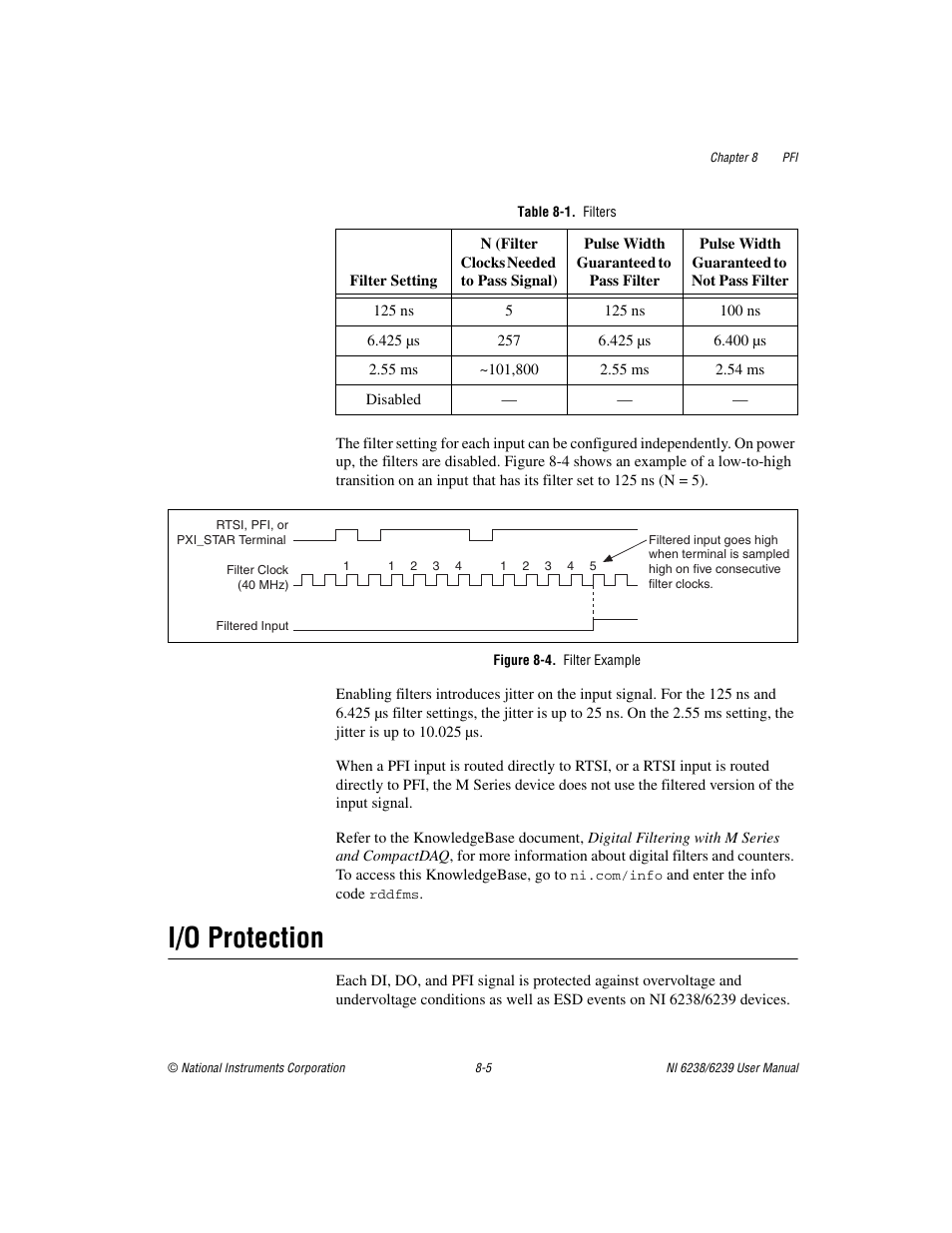 Table 8-1. filters, Figure 8-4. filter example, I/o protection | I/o protection -5 | National Instruments NI 6238 User Manual | Page 110 / 172