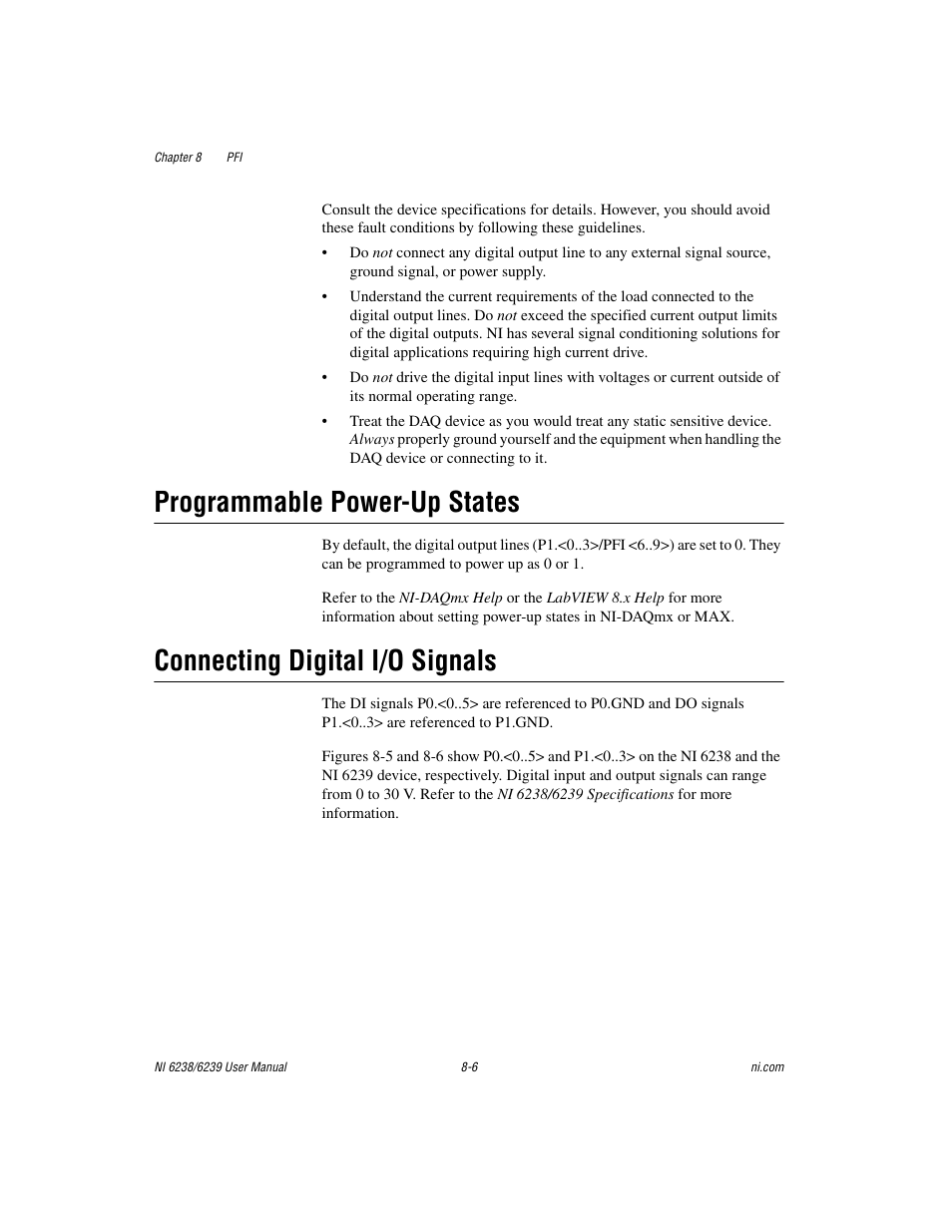 Programmable power-up states, Connecting digital i/o signals | National Instruments NI 6238 User Manual | Page 111 / 172