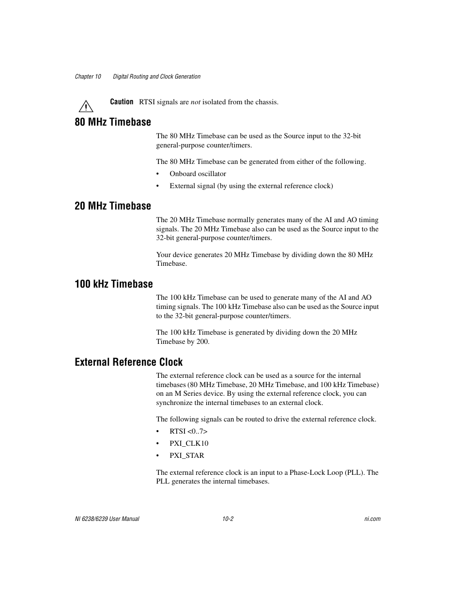 80 mhz timebase, 20 mhz timebase, 100 khz timebase | External reference clock | National Instruments NI 6238 User Manual | Page 118 / 172