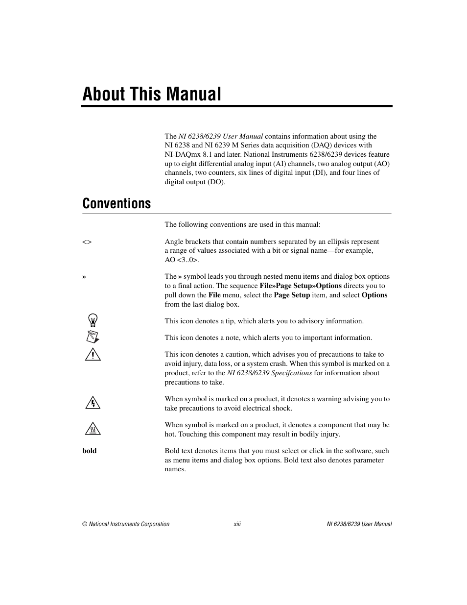 About this manual, Conventions | National Instruments NI 6238 User Manual | Page 12 / 172