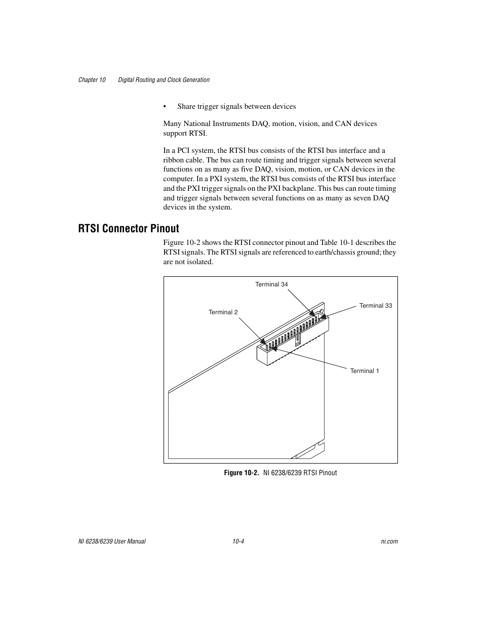 Rtsi connector pinout, Figure 10-2. ni 6238/6239 rtsi pinout, Rtsi connector pinout -4 | National Instruments NI 6238 User Manual | Page 120 / 172