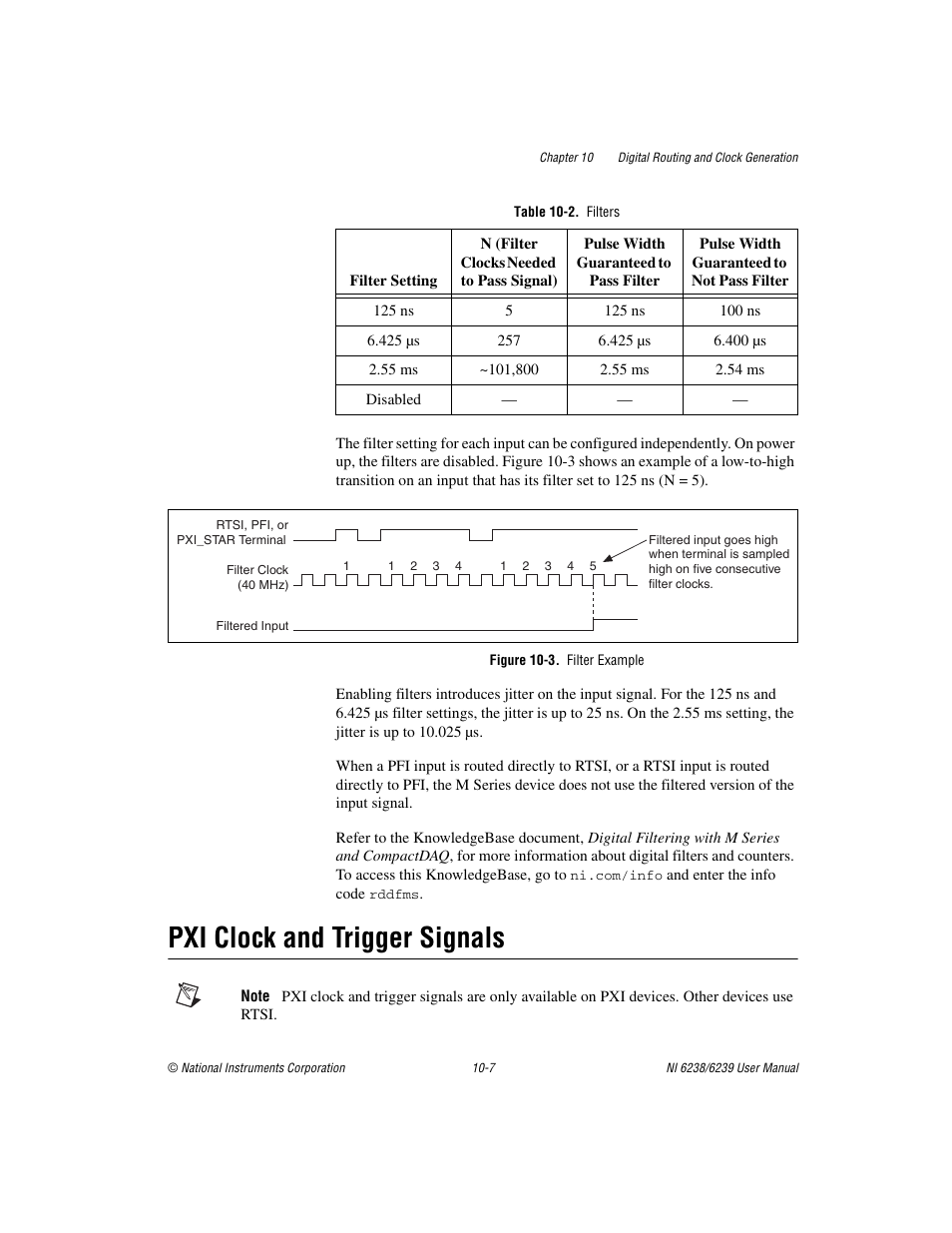 Table 10-2. filters, Figure 10-3. filter example, Pxi clock and trigger signals | Pxi clock and trigger signals -7 | National Instruments NI 6238 User Manual | Page 123 / 172