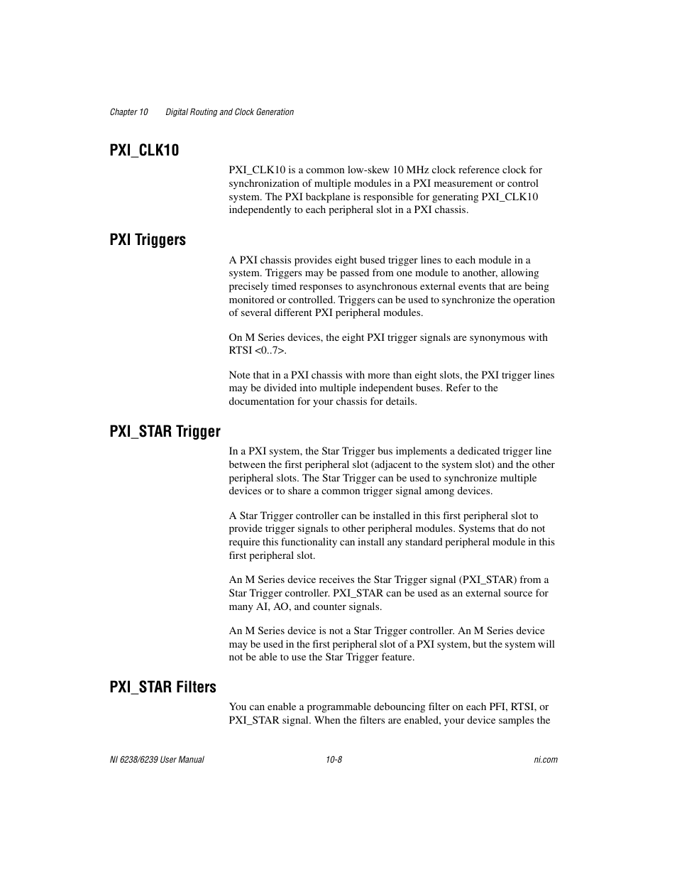 Pxi_clk10, Pxi triggers, Pxi_star trigger | Pxi_star filters | National Instruments NI 6238 User Manual | Page 124 / 172