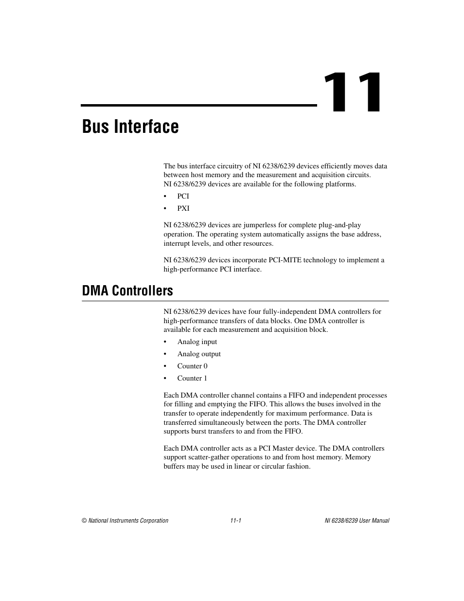 Chapter 11 bus interface, Dma controllers, Dma controllers -1 | Bus interface | National Instruments NI 6238 User Manual | Page 127 / 172