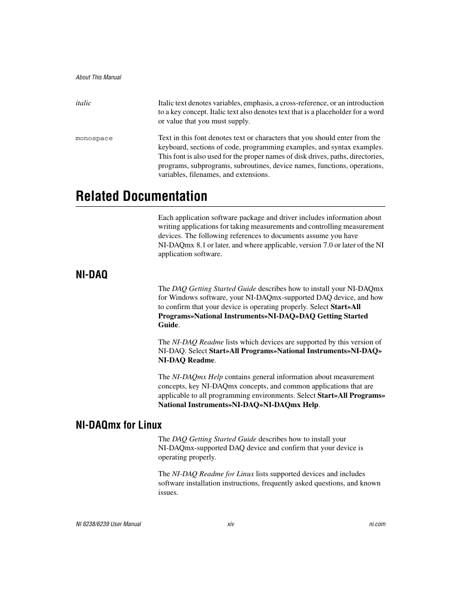 Related documentation, Ni-daq, Ni-daqmx for linux | National Instruments NI 6238 User Manual | Page 13 / 172
