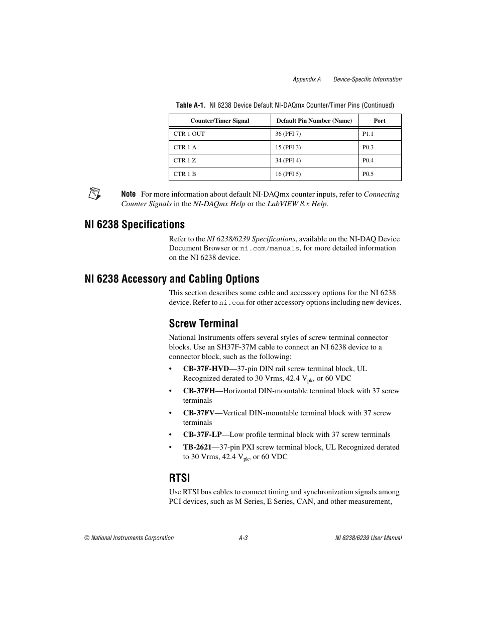 Ni 6238 specifications, Ni 6238 accessory and cabling options, Screw terminal | Rtsi | National Instruments NI 6238 User Manual | Page 135 / 172