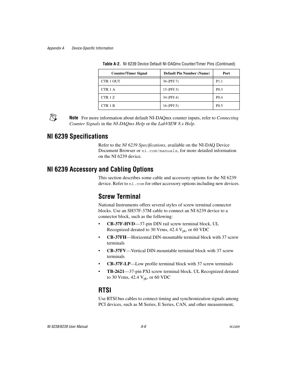 Ni 6239 specifications, Ni 6239 accessory and cabling options, Screw terminal | Rtsi | National Instruments NI 6238 User Manual | Page 138 / 172