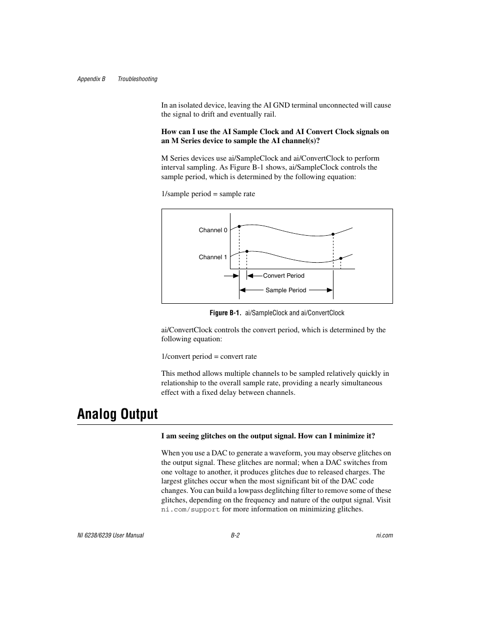 Figure b-1. ai/sampleclock and ai/convertclock, Analog output | National Instruments NI 6238 User Manual | Page 141 / 172