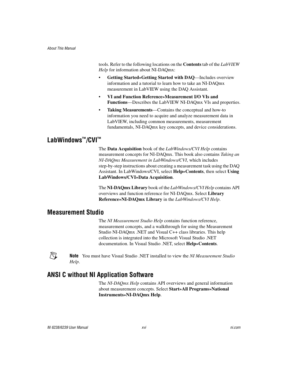 Labwindows™/cvi, Measurement studio, Ansi c without ni application software | Labwindows | National Instruments NI 6238 User Manual | Page 15 / 172