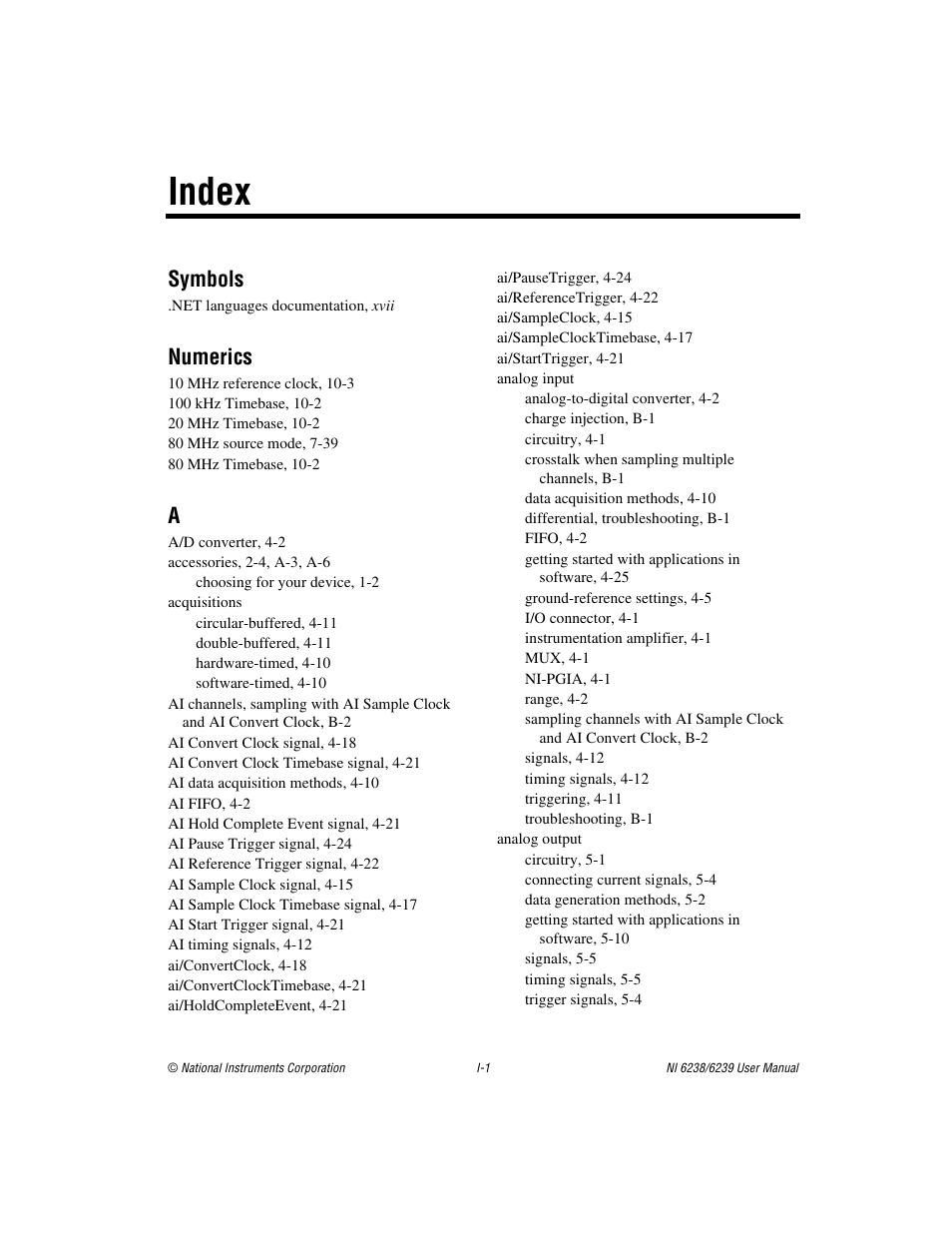 Index, Symbols, Numerics | National Instruments NI 6238 User Manual | Page 164 / 172