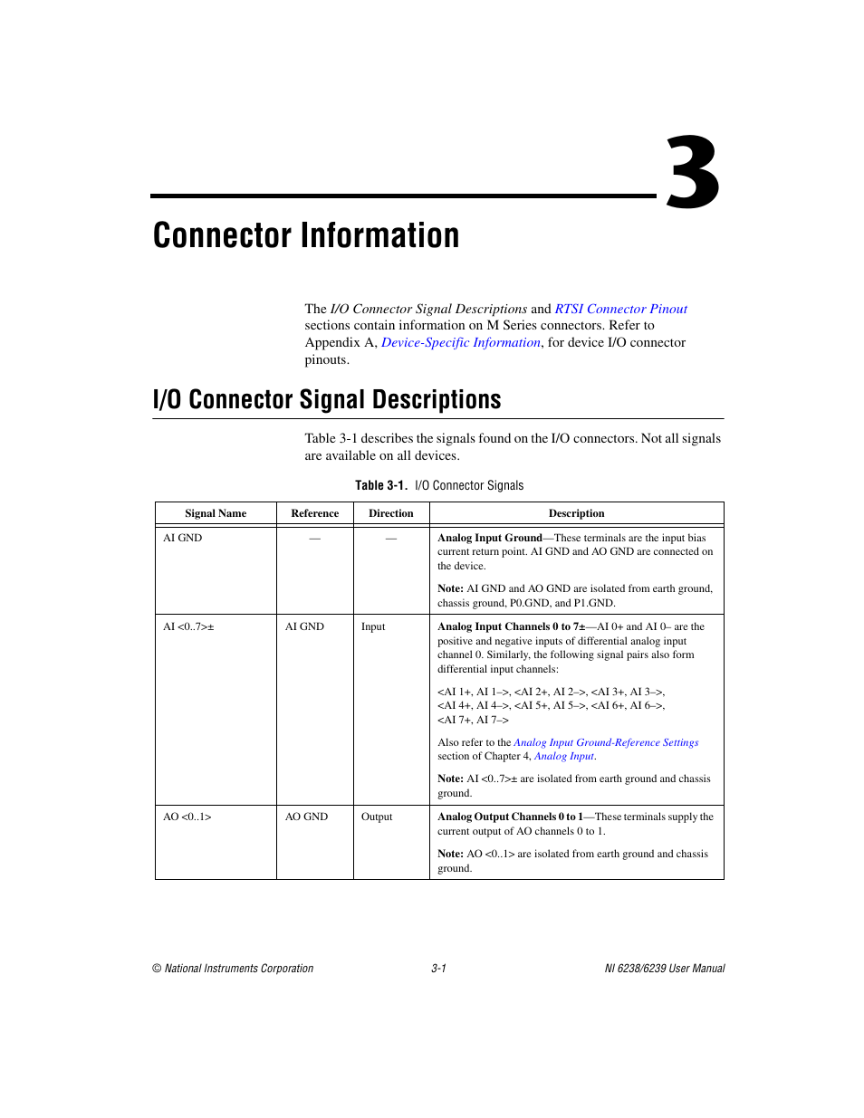 Chapter 3 connector information, I/o connector signal descriptions, Table 3-1. i/o connector signals | I/o connector signal descriptions -1, Connector information | National Instruments NI 6238 User Manual | Page 24 / 172