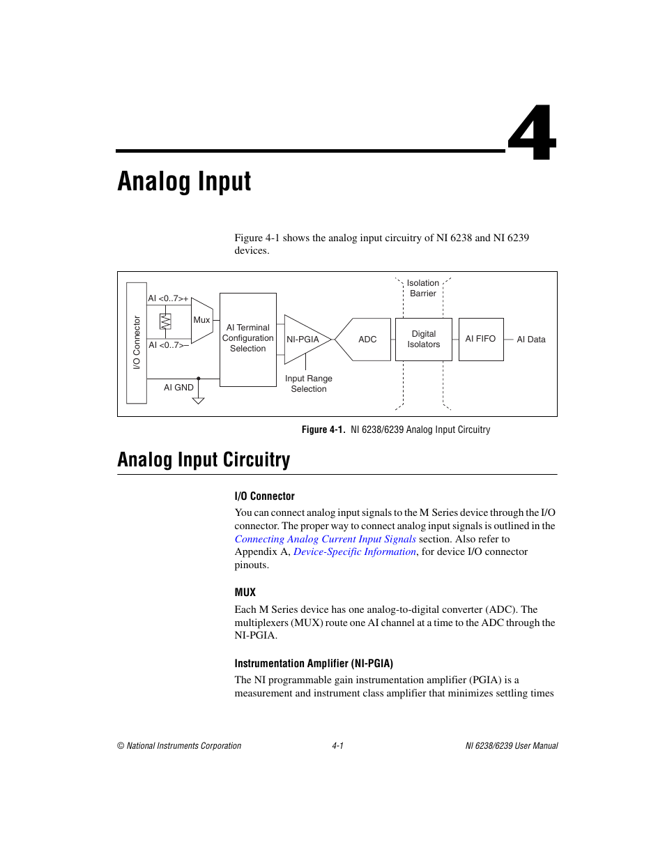 Chapter 4 analog input, Figure 4-1. ni 6238/6239 analog input circuitry, Analog input circuitry | Analog input circuitry -1, Of chapter 4, Analog input | National Instruments NI 6238 User Manual | Page 27 / 172