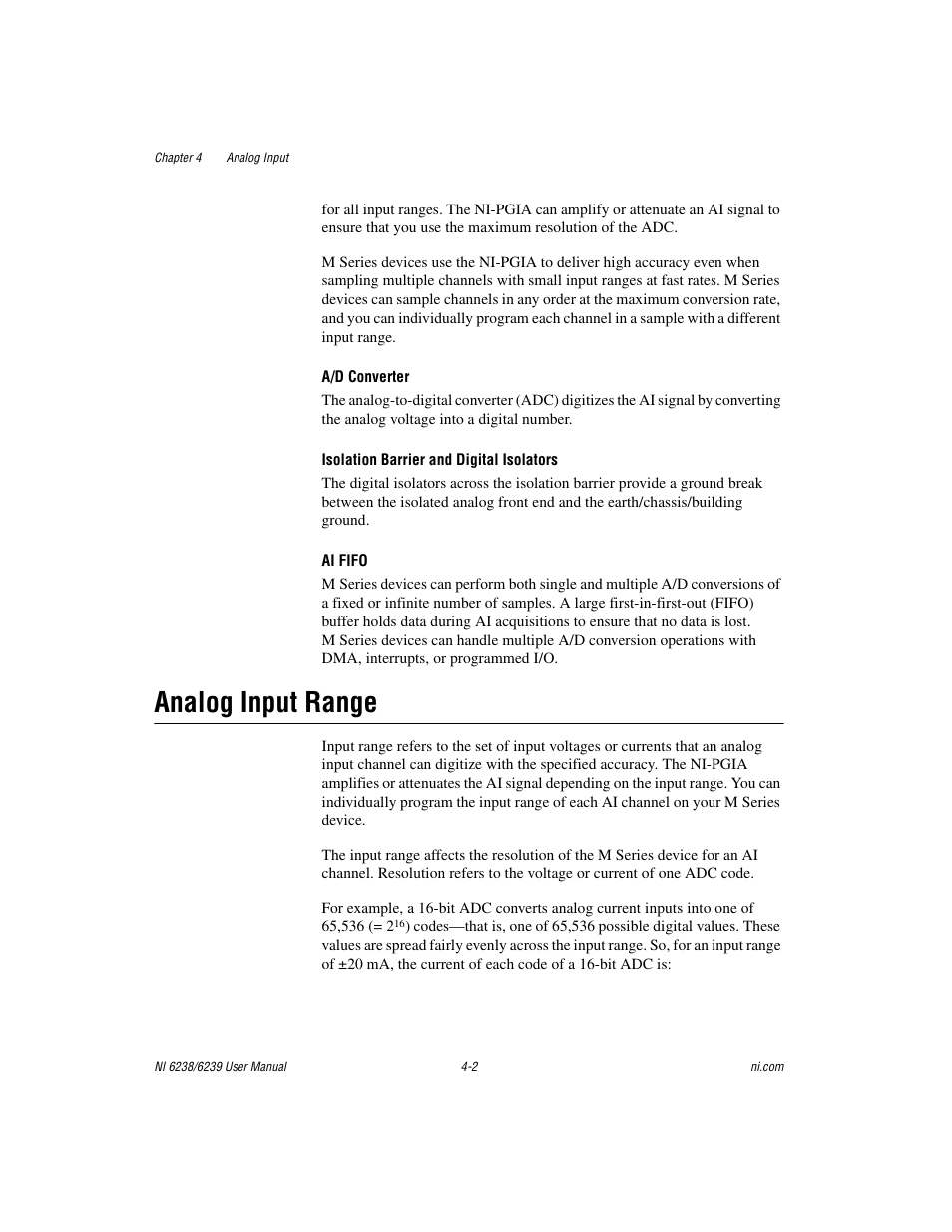 Analog input range, Analog input range -2 | National Instruments NI 6238 User Manual | Page 28 / 172