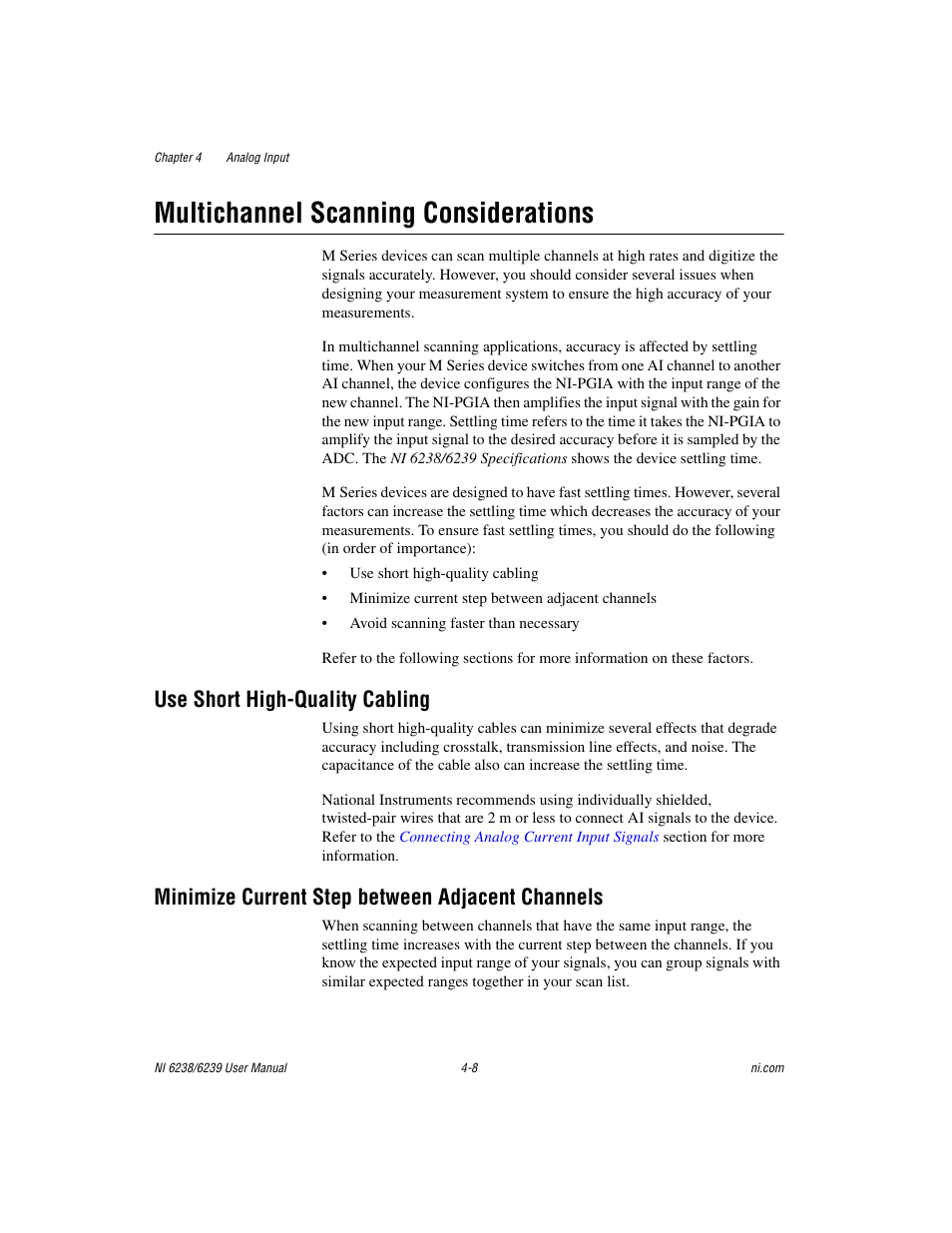 Multichannel scanning considerations, Use short high-quality cabling, Minimize current step between adjacent channels | Multichannel scanning considerations -8 | National Instruments NI 6238 User Manual | Page 34 / 172