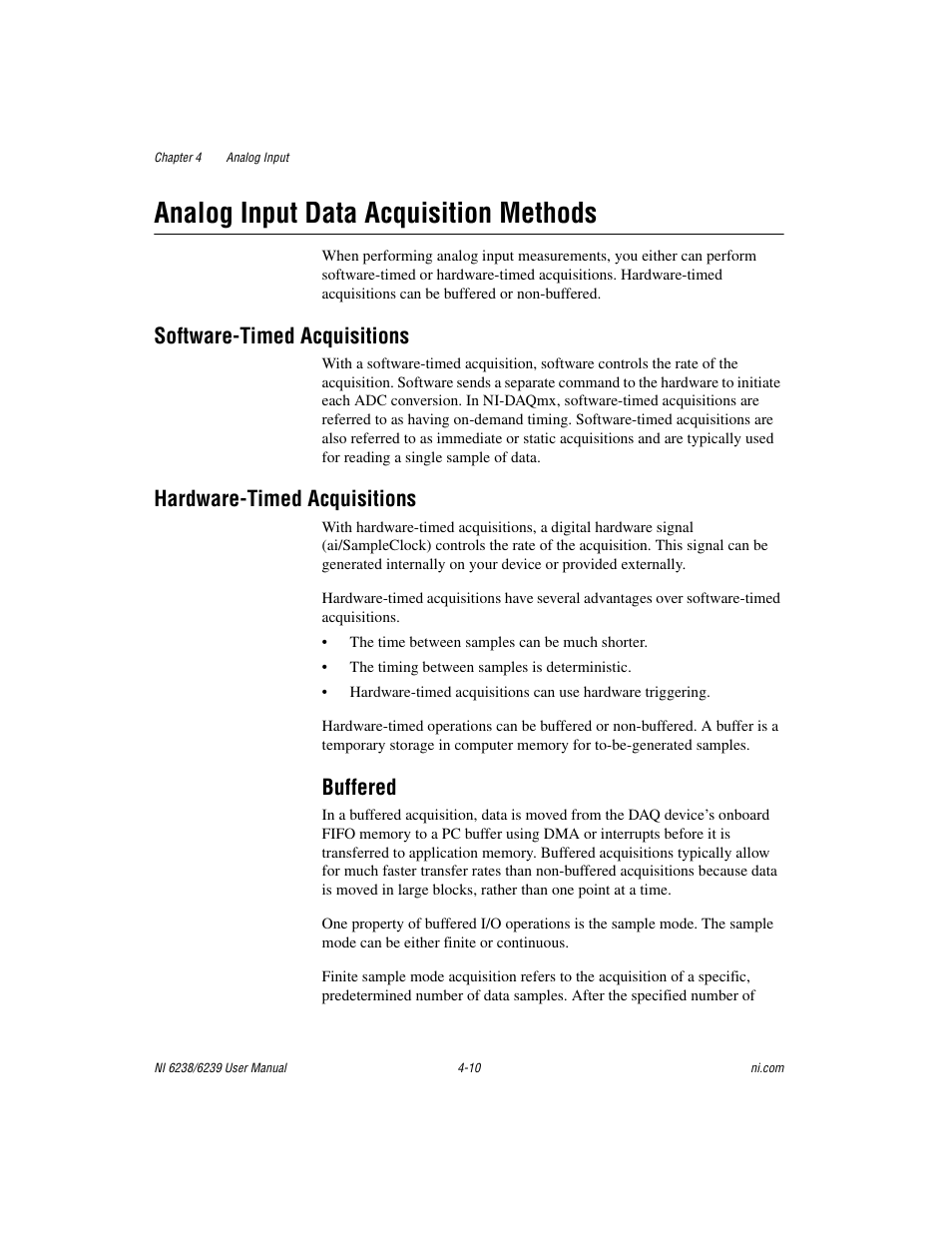 Analog input data acquisition methods, Software-timed acquisitions, Hardware-timed acquisitions | Buffered, Analog input data acquisition methods -10, Buffered -10 | National Instruments NI 6238 User Manual | Page 36 / 172