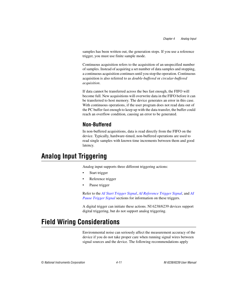 Non-buffered, Analog input triggering, Field wiring considerations | Non-buffered -11, Field wiring, Considerations | National Instruments NI 6238 User Manual | Page 37 / 172