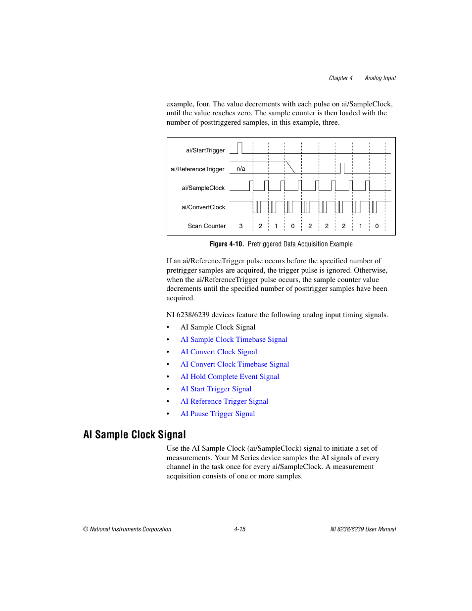 Figure 4-10. pretriggered data acquisition example, Ai sample clock signal, Ai sample clock signal -15 | National Instruments NI 6238 User Manual | Page 41 / 172