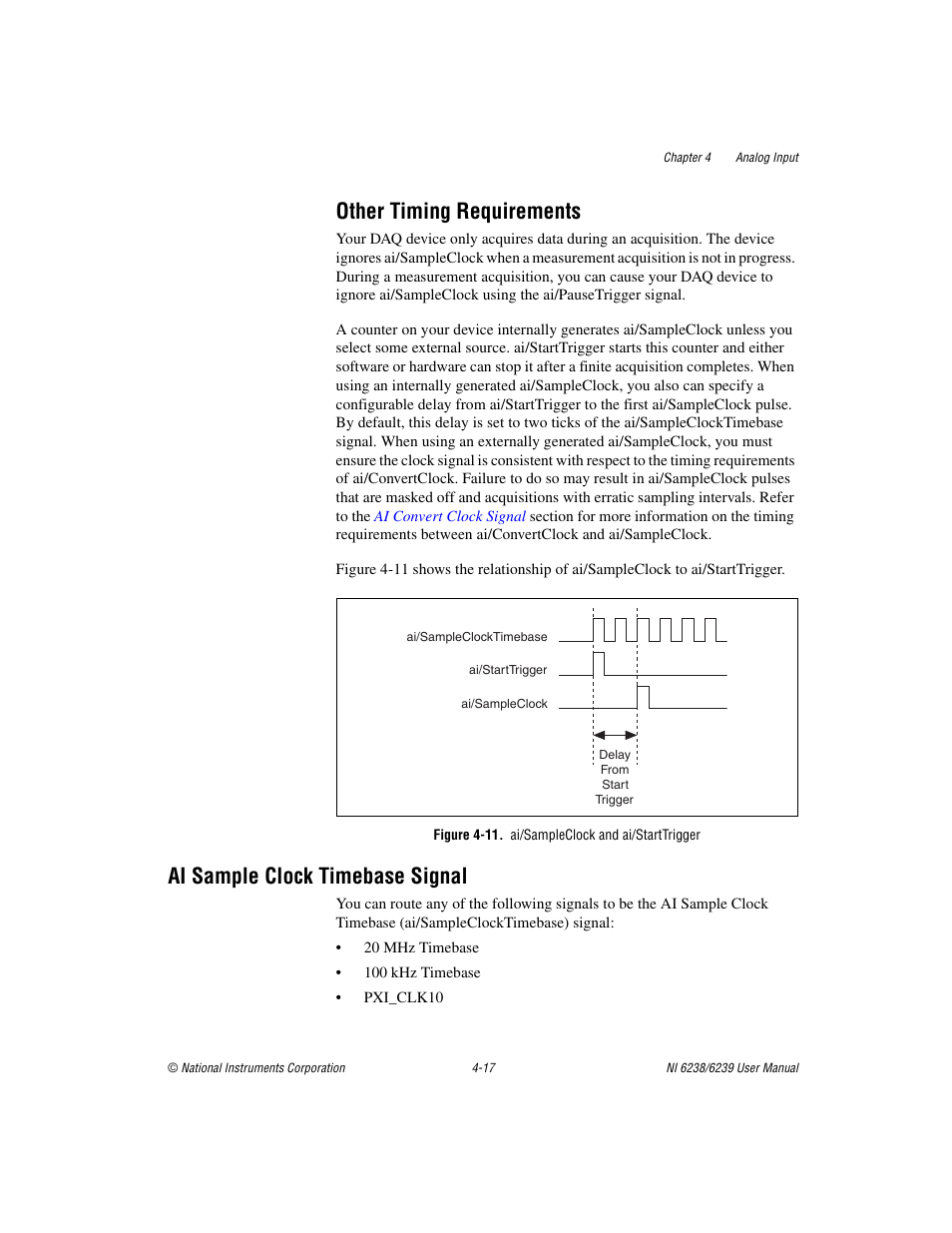 Other timing requirements, Figure 4-11. ai/sampleclock and ai/starttrigger, Ai sample clock timebase signal | Other timing requirements -17, Ai sample clock timebase signal -17 | National Instruments NI 6238 User Manual | Page 43 / 172