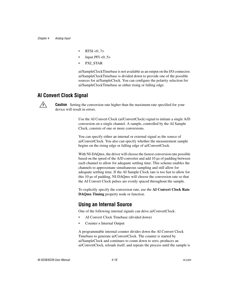 Ai convert clock signal, Using an internal source, Ai convert clock signal -18 | Using an internal source -18 | National Instruments NI 6238 User Manual | Page 44 / 172