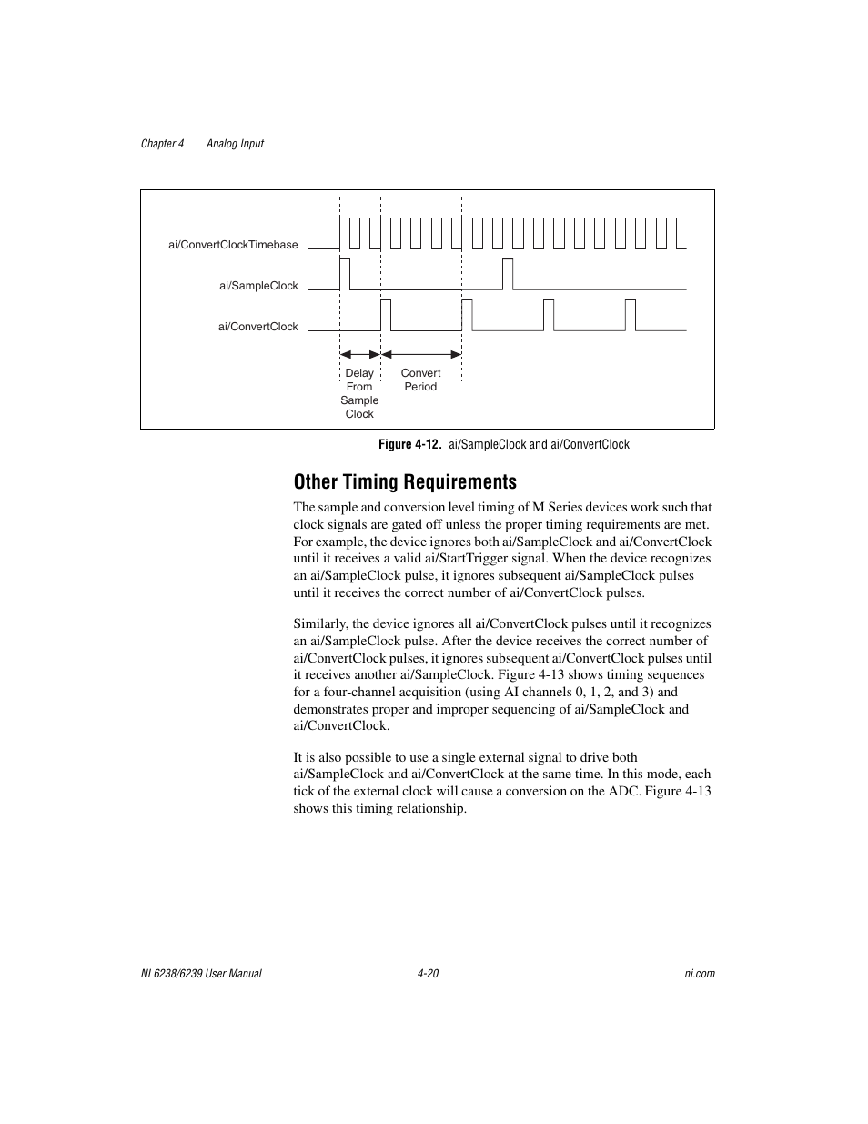 Figure 4-12. ai/sampleclock and ai/convertclock, Other timing requirements, Other timing requirements -20 | National Instruments NI 6238 User Manual | Page 46 / 172