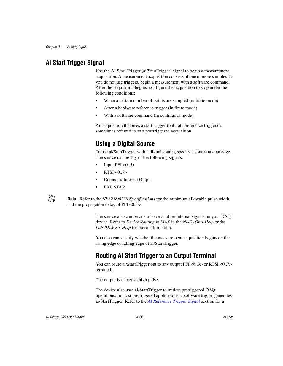 Ai start trigger signal, Using a digital source, Routing ai start trigger to an output terminal | Ai start trigger signal -22 | National Instruments NI 6238 User Manual | Page 48 / 172