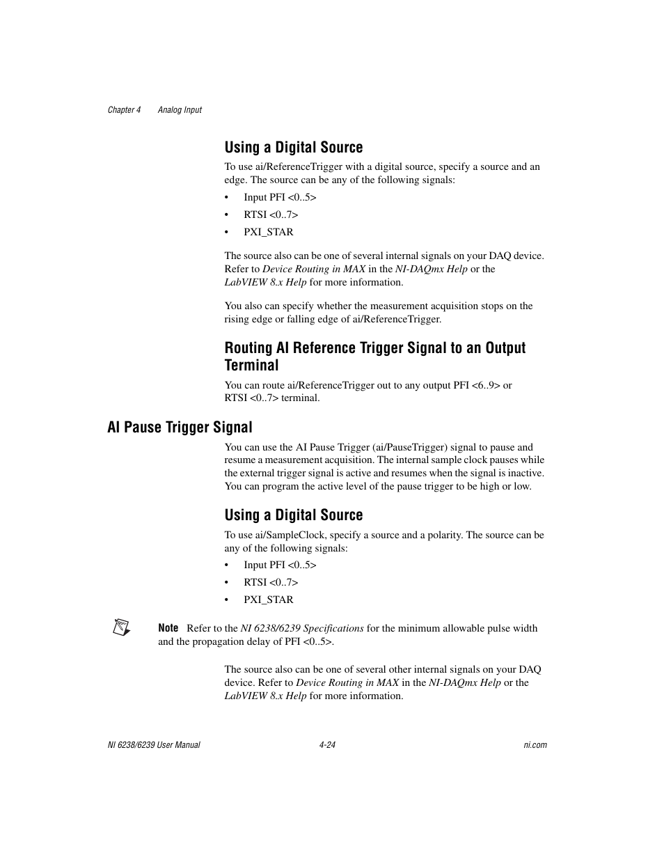 Using a digital source, Ai pause trigger signal, Ai pause trigger signal -24 | Using a digital source -24, Pause trigger signal, Section | National Instruments NI 6238 User Manual | Page 50 / 172