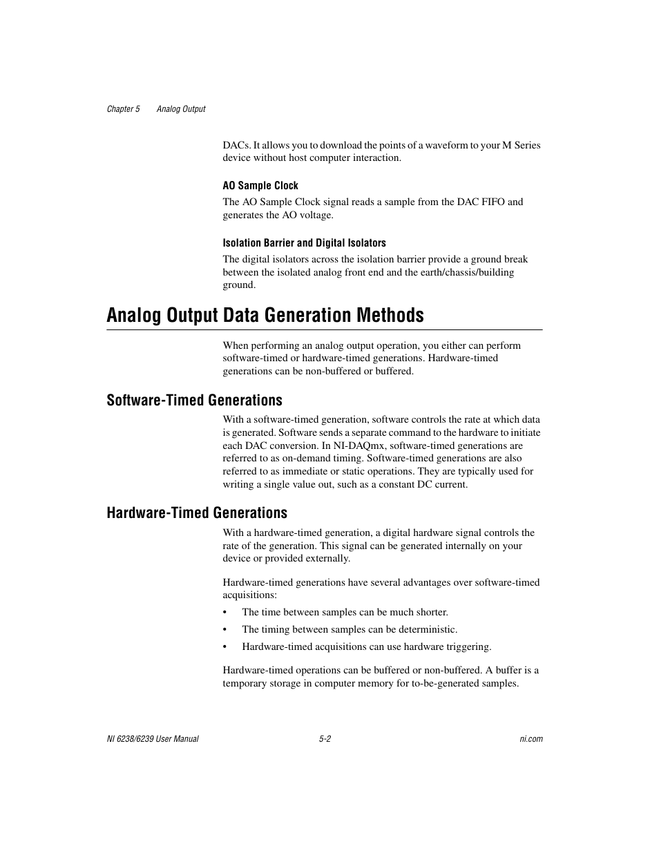 Analog output data generation methods, Software-timed generations, Hardware-timed generations | Analog output data generation methods -2 | National Instruments NI 6238 User Manual | Page 53 / 172