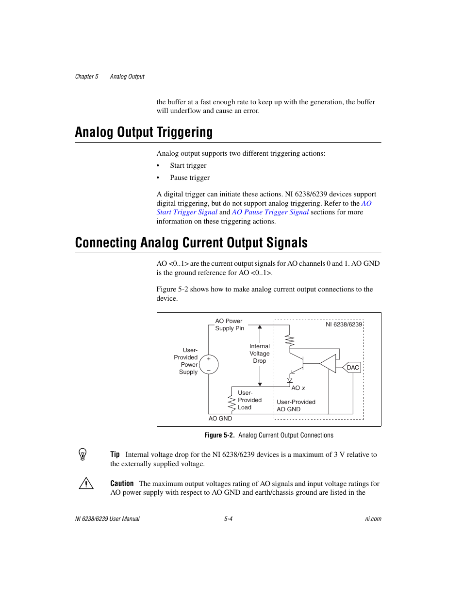 Analog output triggering, Connecting analog current output signals, Figure 5-2. analog current output connections | National Instruments NI 6238 User Manual | Page 55 / 172