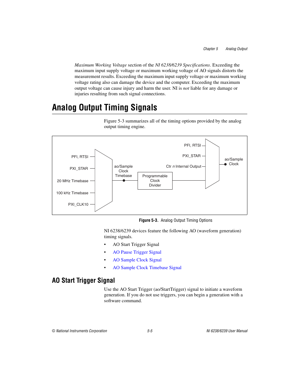 Analog output timing signals, Figure 5-3. analog output timing options, Ao start trigger signal | Analog output timing signals -5, Ao start trigger signal -5, Refer to the, Start trigger signal | National Instruments NI 6238 User Manual | Page 56 / 172
