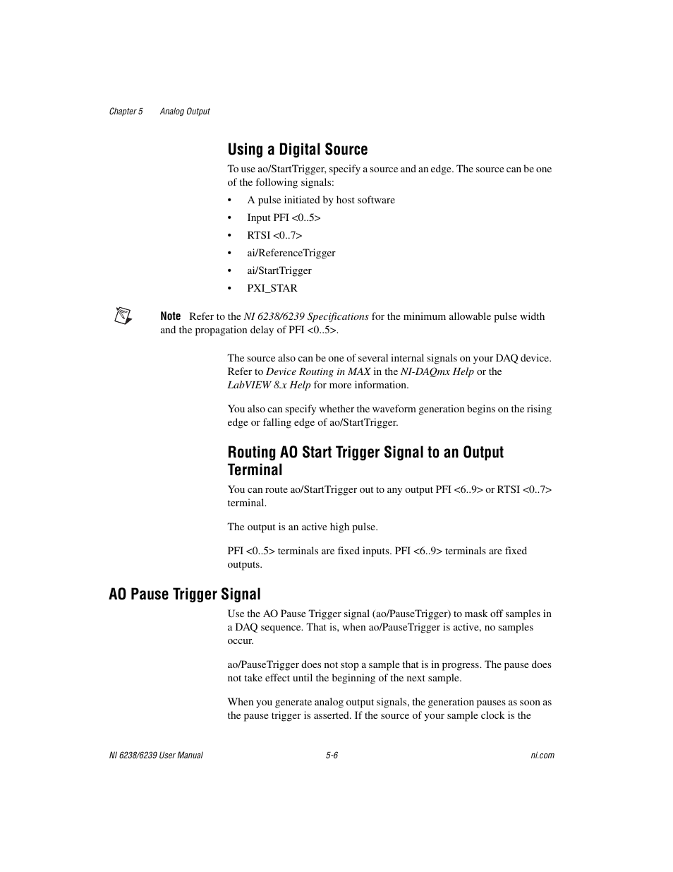 Using a digital source, Ao pause trigger signal, Ao pause trigger signal -6 | National Instruments NI 6238 User Manual | Page 57 / 172