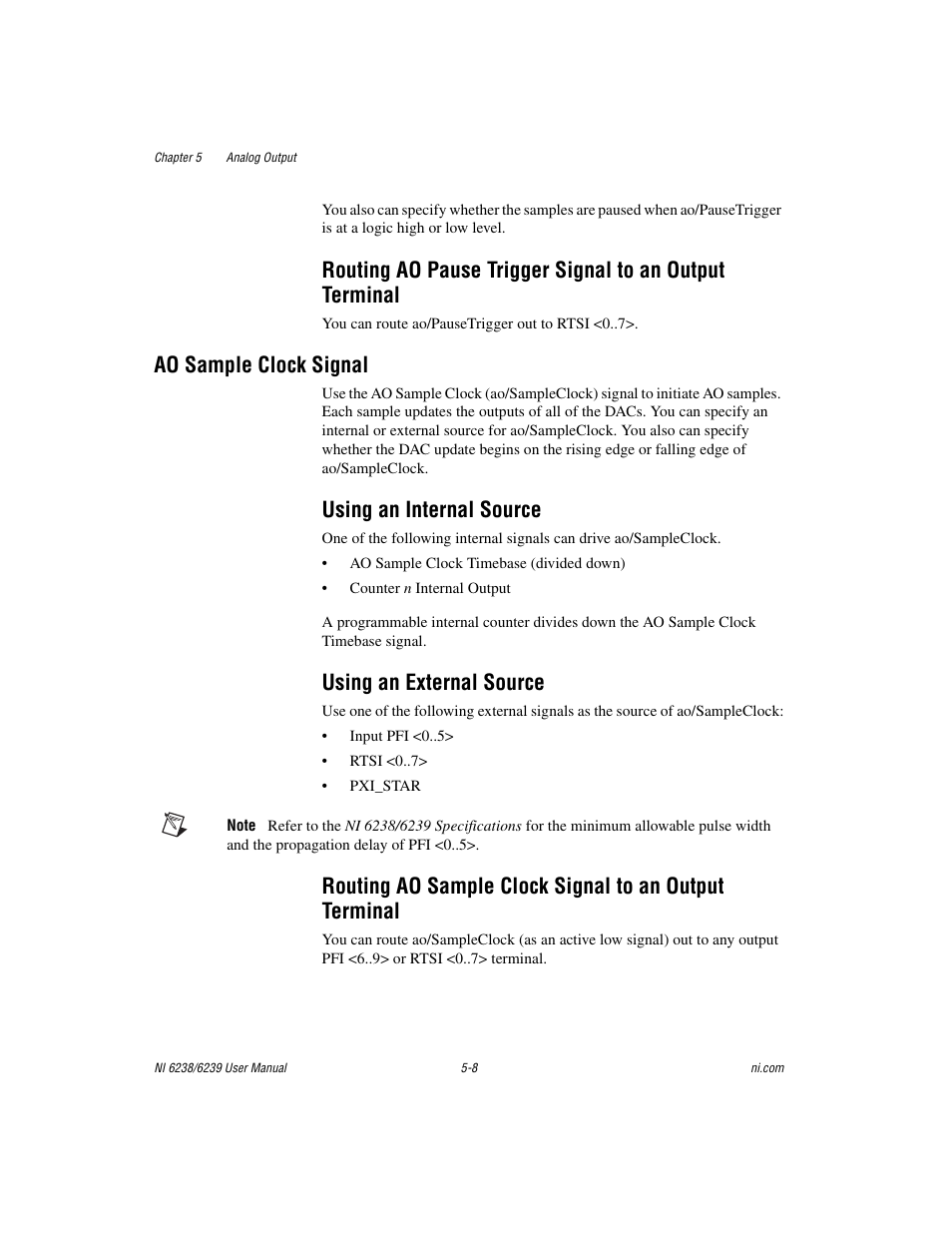 Ao sample clock signal, Using an internal source, Using an external source | Ao sample clock signal -8 | National Instruments NI 6238 User Manual | Page 59 / 172