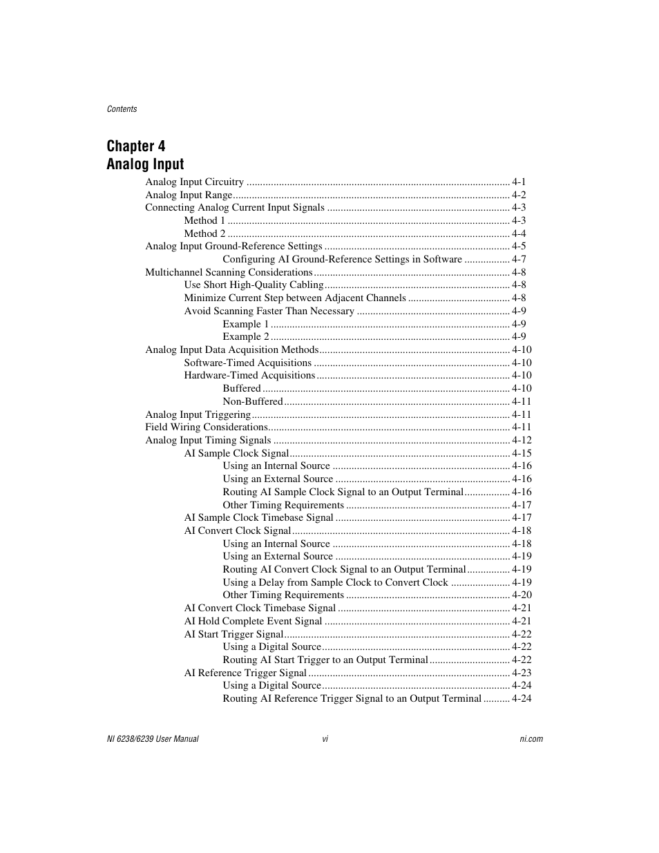 Chapter 4 analog input | National Instruments NI 6238 User Manual | Page 6 / 172