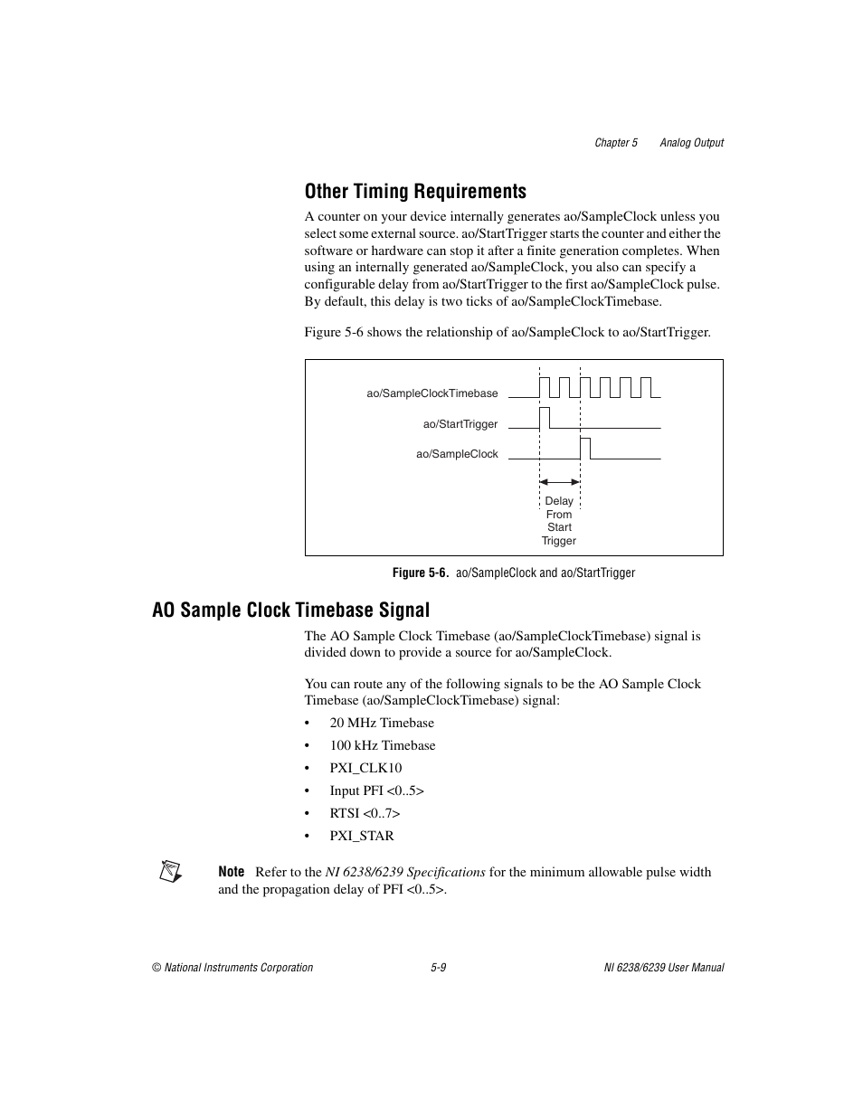 Other timing requirements, Figure 5-6. ao/sampleclock and ao/starttrigger, Ao sample clock timebase signal | Other timing requirements -9, Ao sample clock timebase signal -9 | National Instruments NI 6238 User Manual | Page 60 / 172