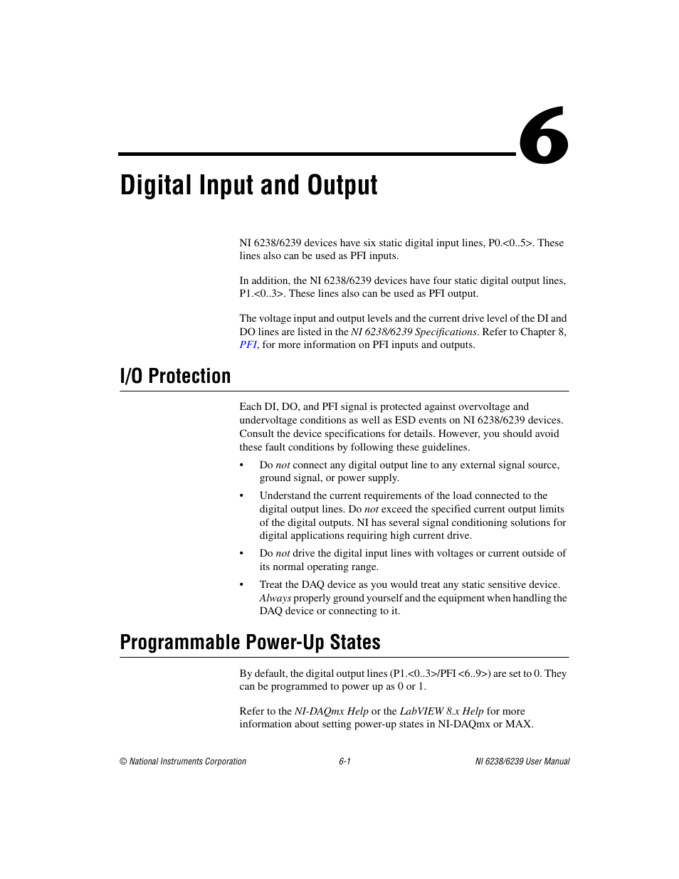 Chapter 6 digital input and output, I/o protection, Programmable power-up states | I/o protection -1 programmable power-up states -1, Digital input and output | National Instruments NI 6238 User Manual | Page 62 / 172