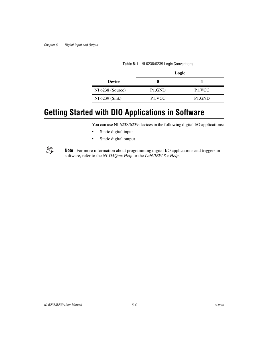 Table 6-1. ni 6238/6239 logic conventions, Getting started with dio applications in software | National Instruments NI 6238 User Manual | Page 65 / 172