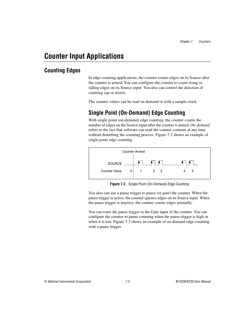 Counter input applications, Counting edges, Single point (on-demand) edge counting | Figure 7-2. single point (on-demand) edge counting, Counter input applications -3, Counting edges -3, Single point (on-demand) edge counting -3 | National Instruments NI 6238 User Manual | Page 68 / 172