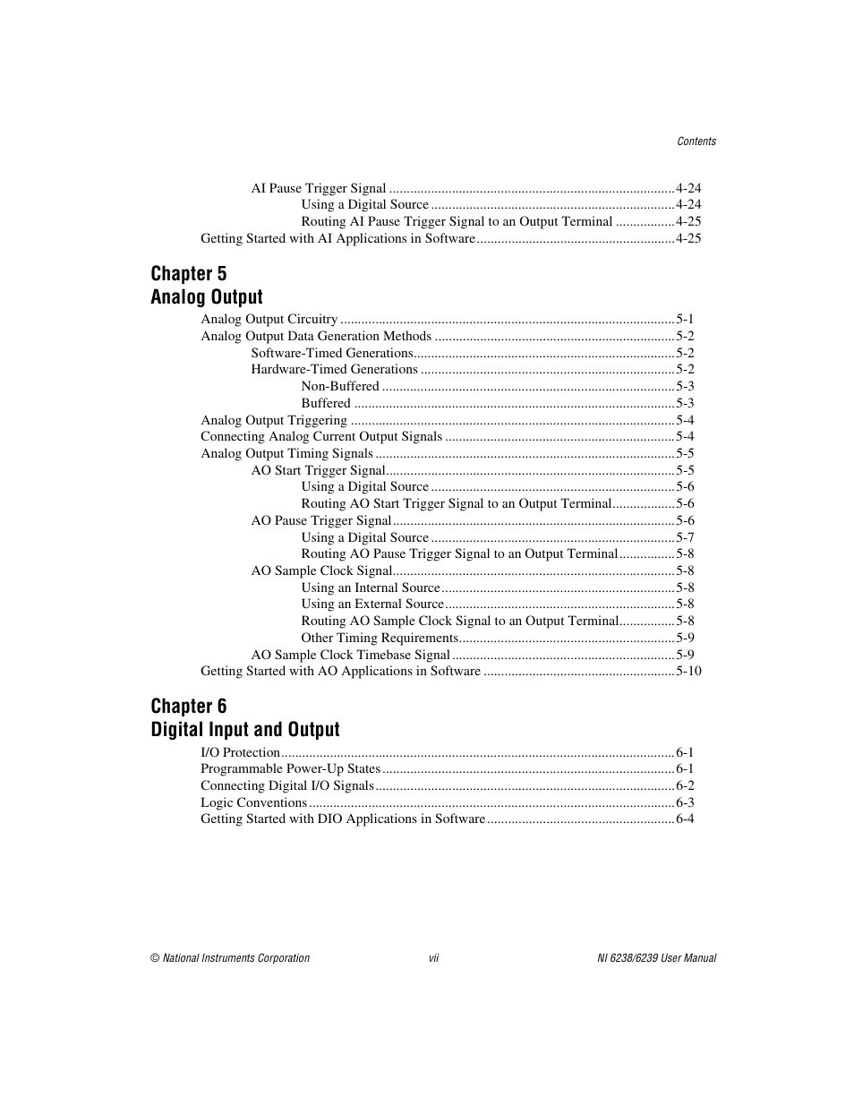 Chapter 5 analog output, Chapter 6 digital input and output | National Instruments NI 6238 User Manual | Page 7 / 172