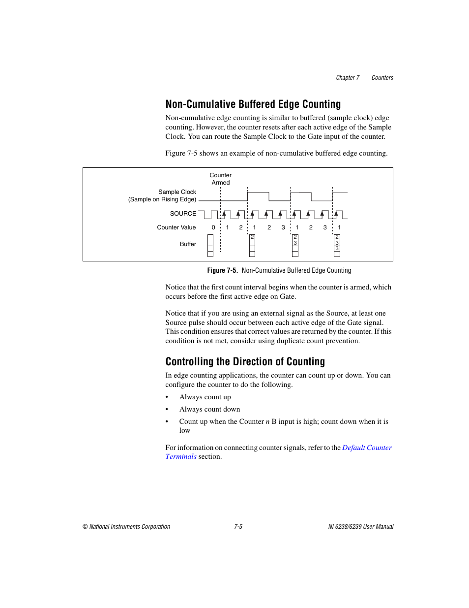 Non-cumulative buffered edge counting, Figure 7-5. non-cumulative buffered edge counting, Controlling the direction of counting | National Instruments NI 6238 User Manual | Page 70 / 172