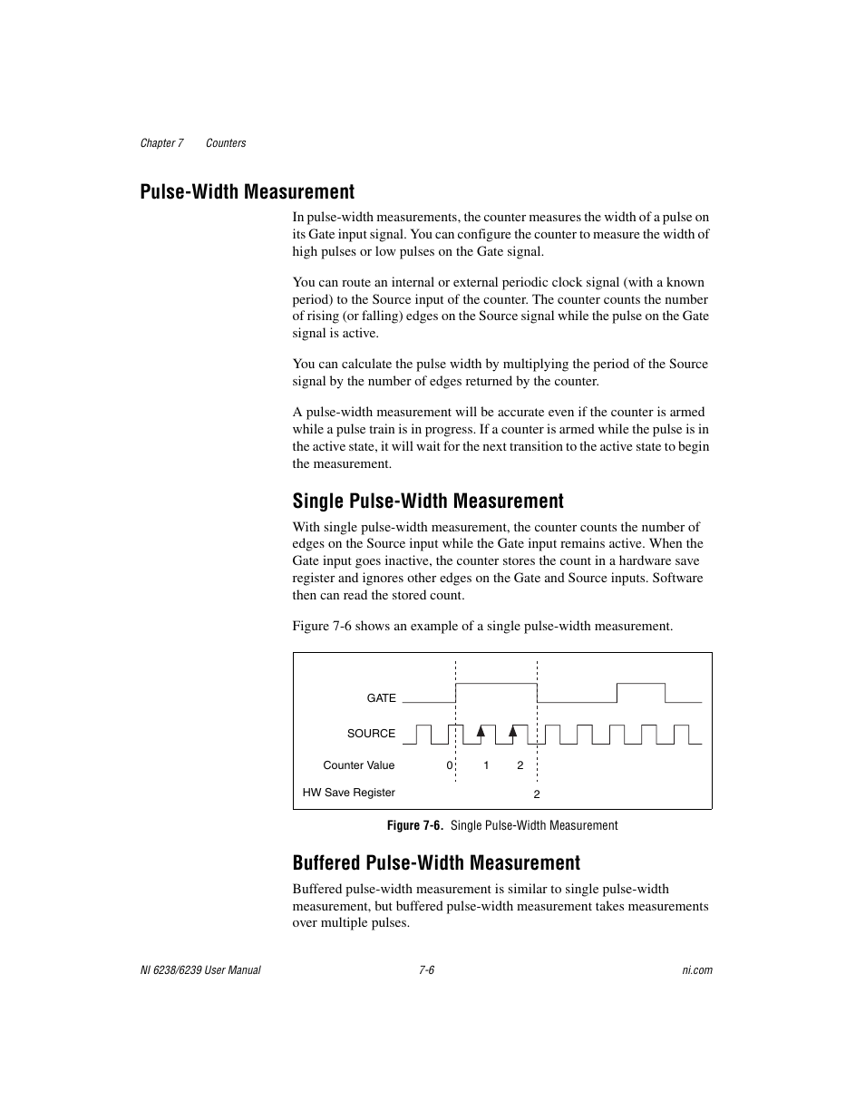 Pulse-width measurement, Single pulse-width measurement, Figure 7-6. single pulse-width measurement | Buffered pulse-width measurement, Pulse-width measurement -6 | National Instruments NI 6238 User Manual | Page 71 / 172