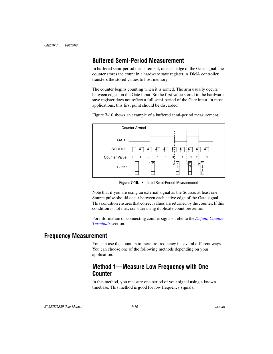 Buffered semi-period measurement, Figure 7-10. buffered semi-period measurement, Frequency measurement | Method 1-measure low frequency with one counter, Buffered semi-period measurement -10, Frequency measurement -10, Method 1—measure low frequency with one counter | National Instruments NI 6238 User Manual | Page 75 / 172